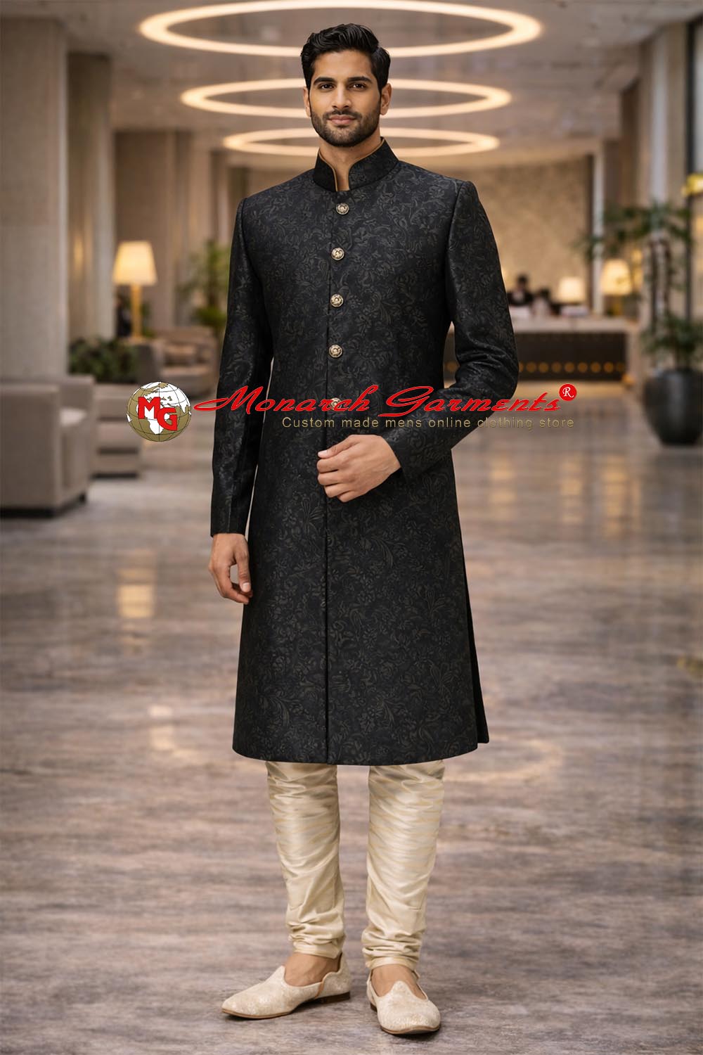 Gold & Coral Wedding Sherwani for Men