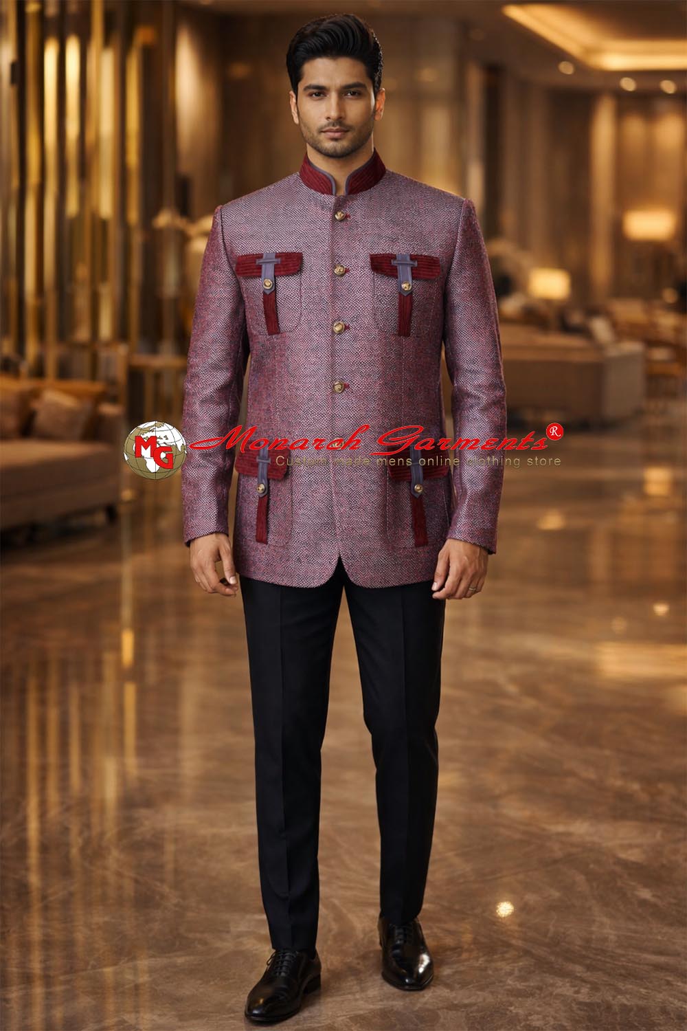 Men’s Burgundy Textured Bandhgala Jacket with Black pant