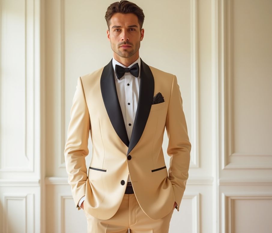 Man wearing a beige tuxedo with black lapels and bow tie,