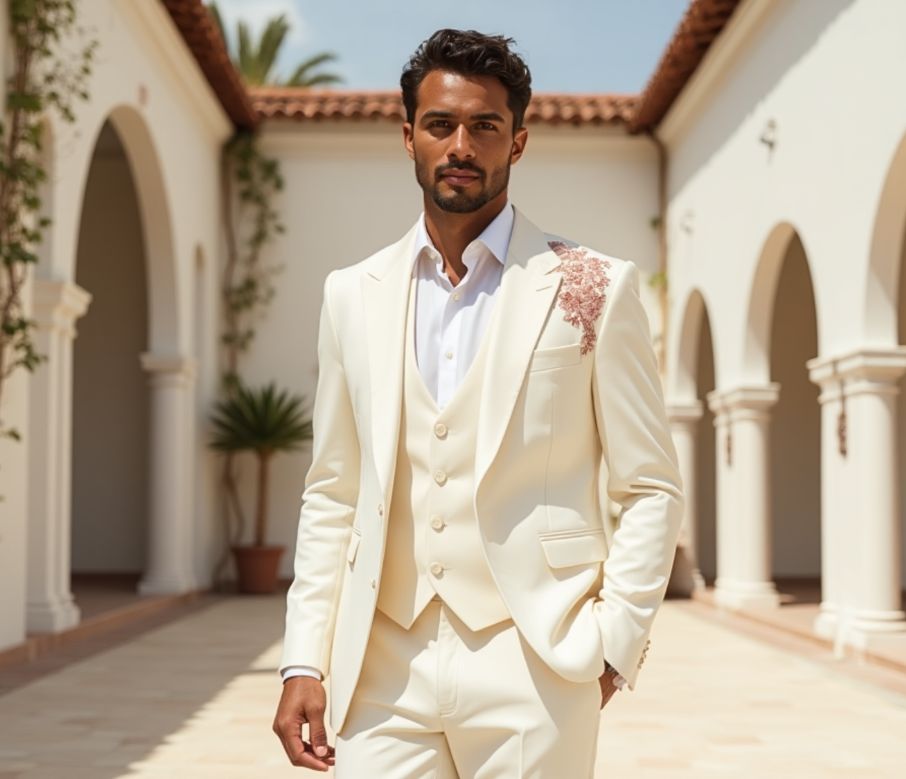 Man in a cream suit and plants.