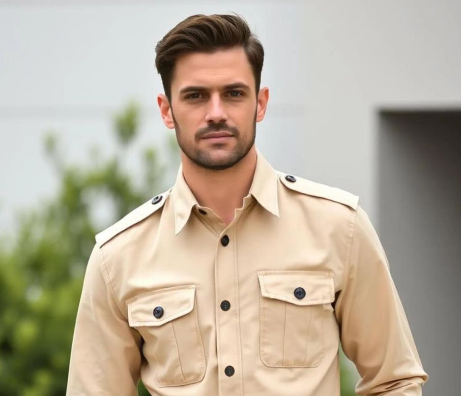Man wearing a beige shirt with black buttons.