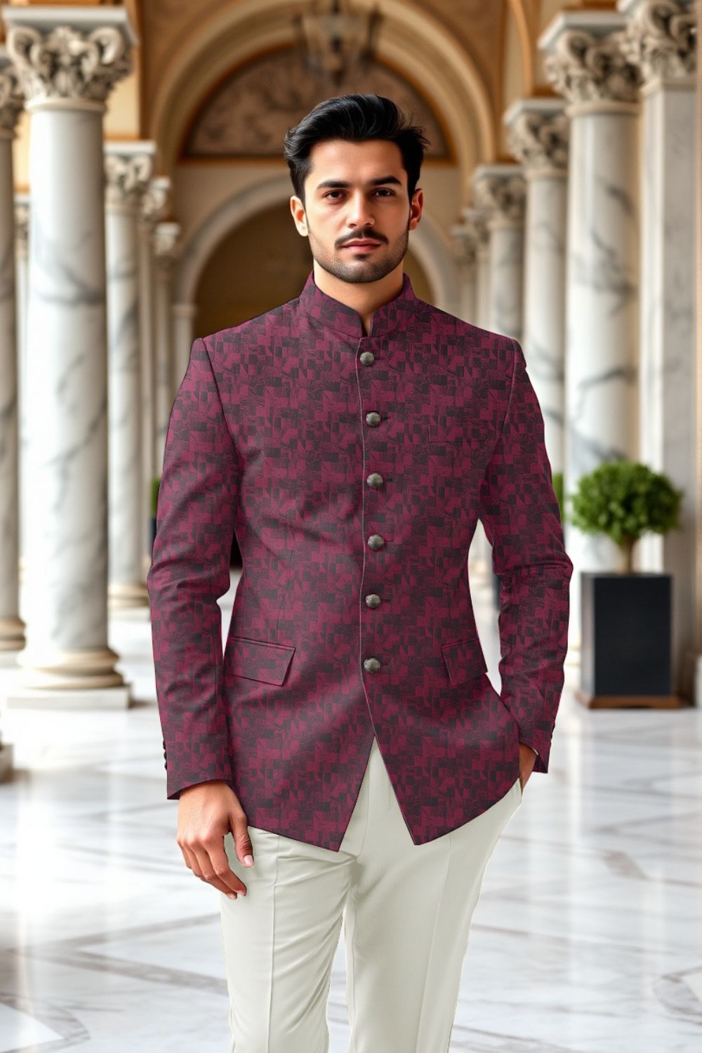 Maroon Cocktail Party Jodhpuri Suit, 2 Piece Men Wedding Dress