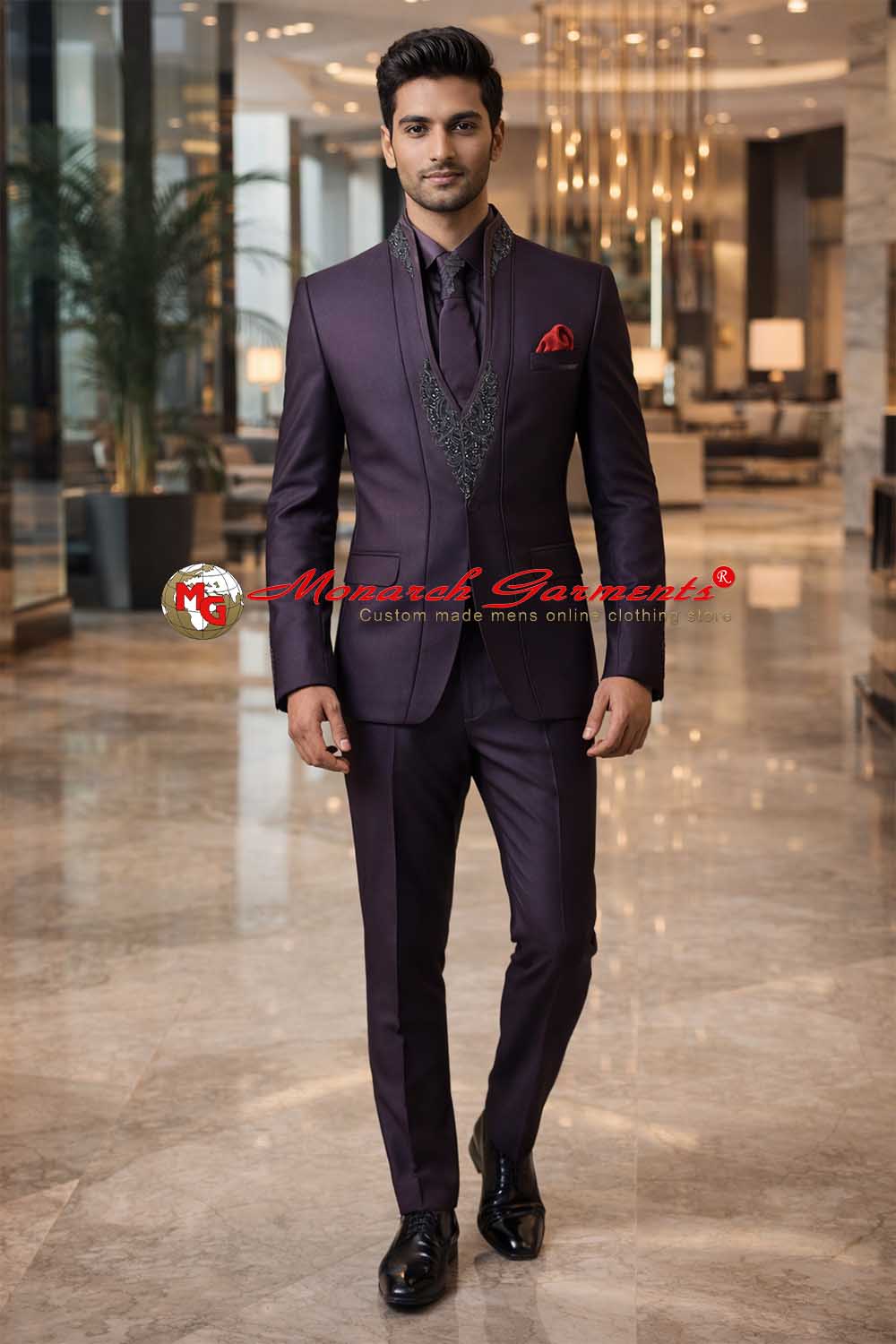 Mens Wine Polyester 6 Pc Jodhpuri Suit