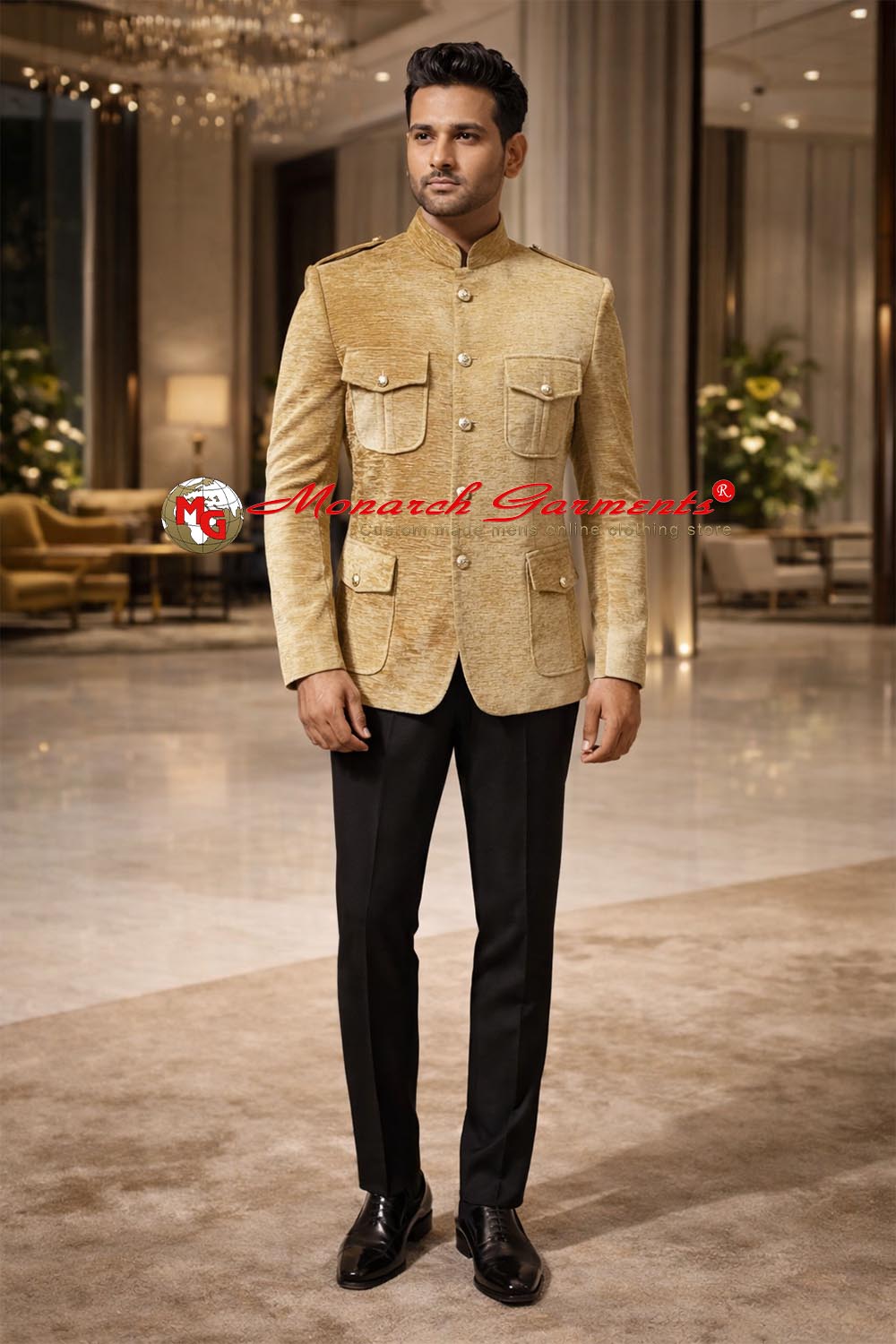 Beige Jute Velvet Safari Style Jodhpuri Suit with Epaulettes