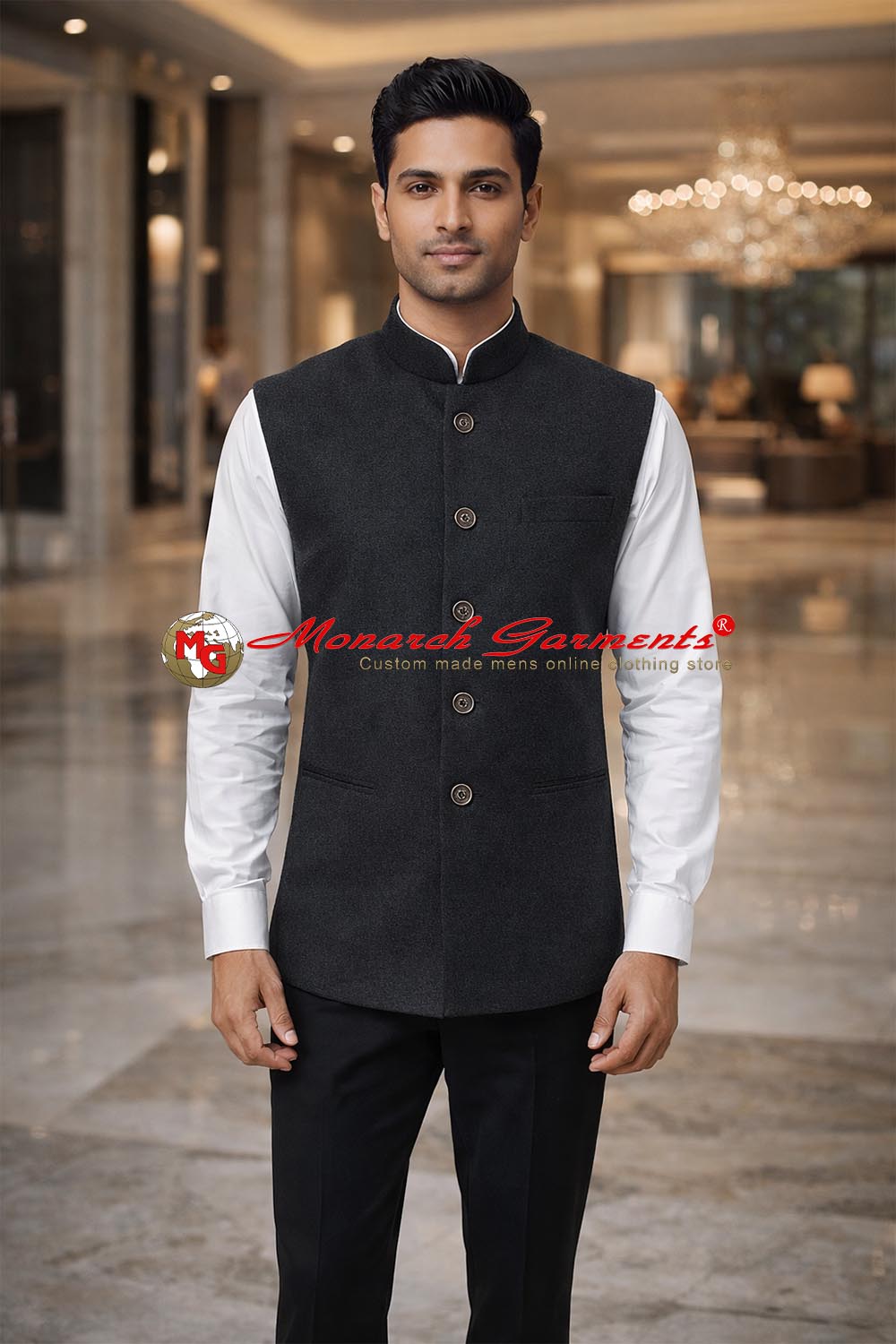 Charcoal grey Nehru vest for men tailored fit reception wedding wear India