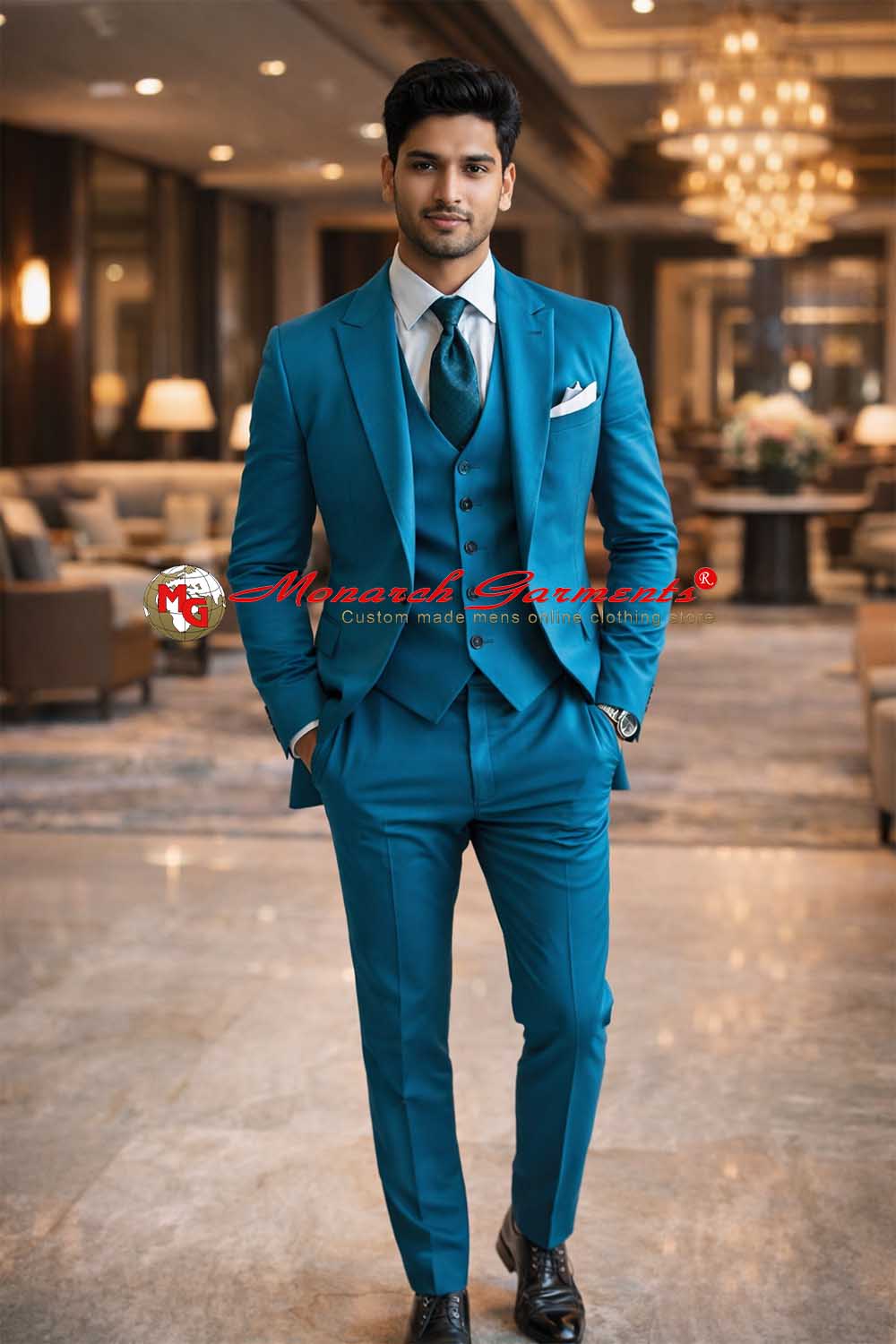 Azure blue 3 piece suit for men slim fit with blazer vest and trousers for wedding and formal occasions India