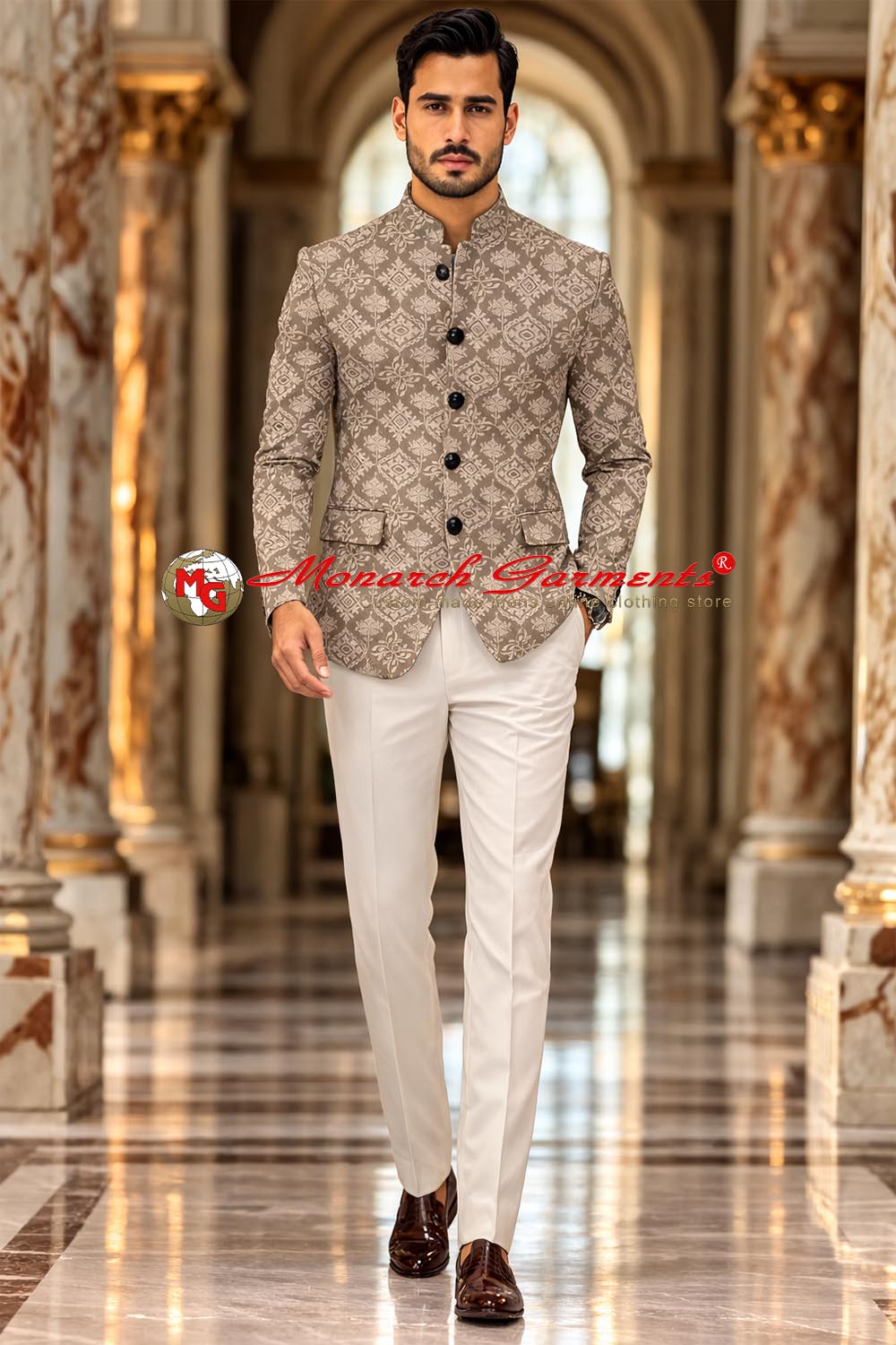 Beige brocade bandhgala jacket for men by Monarch Garments – luxury Indian wedding and reception outfit