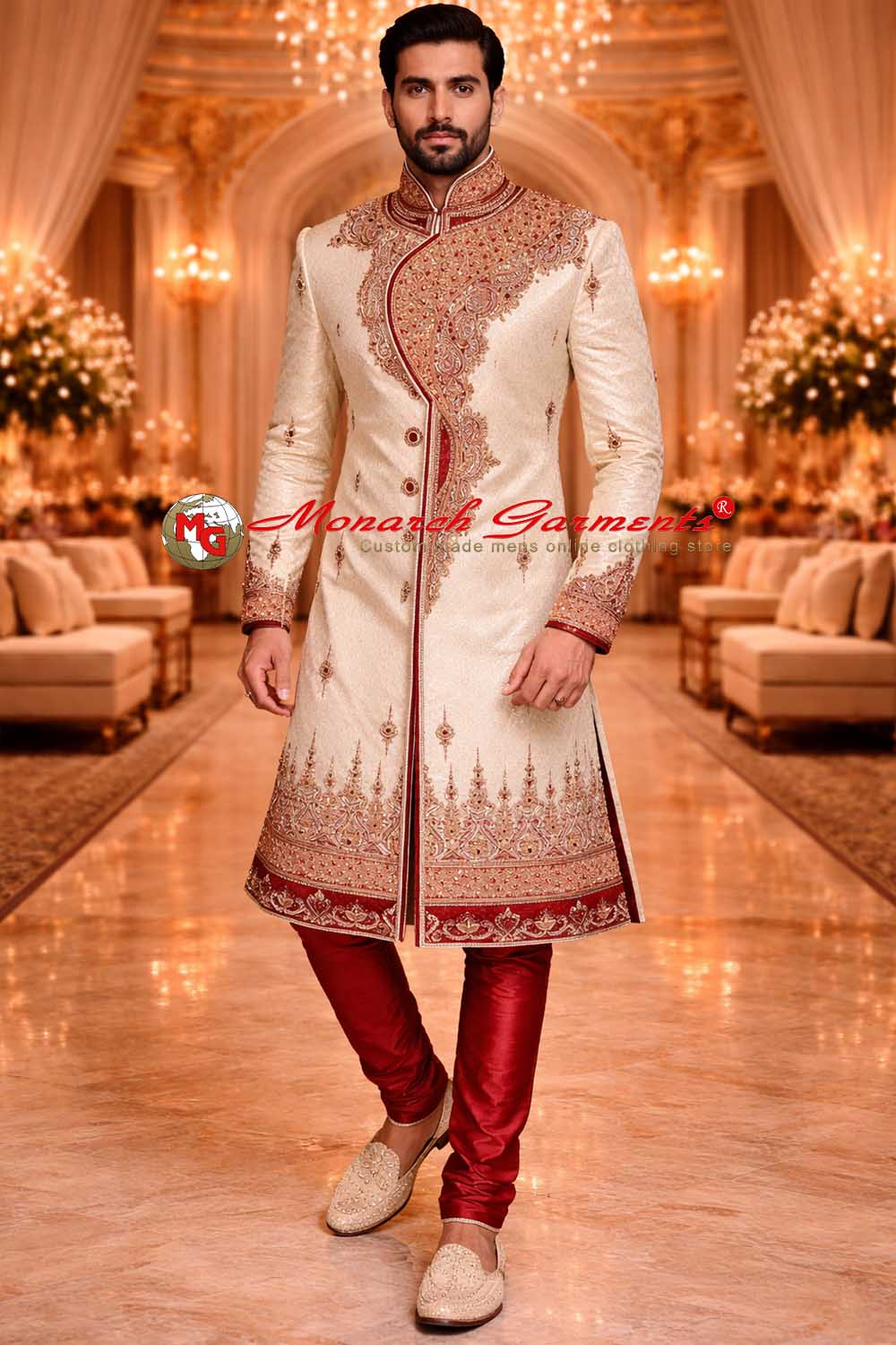 Beige brocade groom sherwani with maroon dupion silk pyjama for Indian wedding