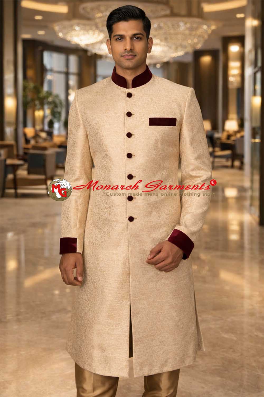 Beige brocade wedding sherwani for men with maroon velvet collar and cuffs by Monarch Garments India