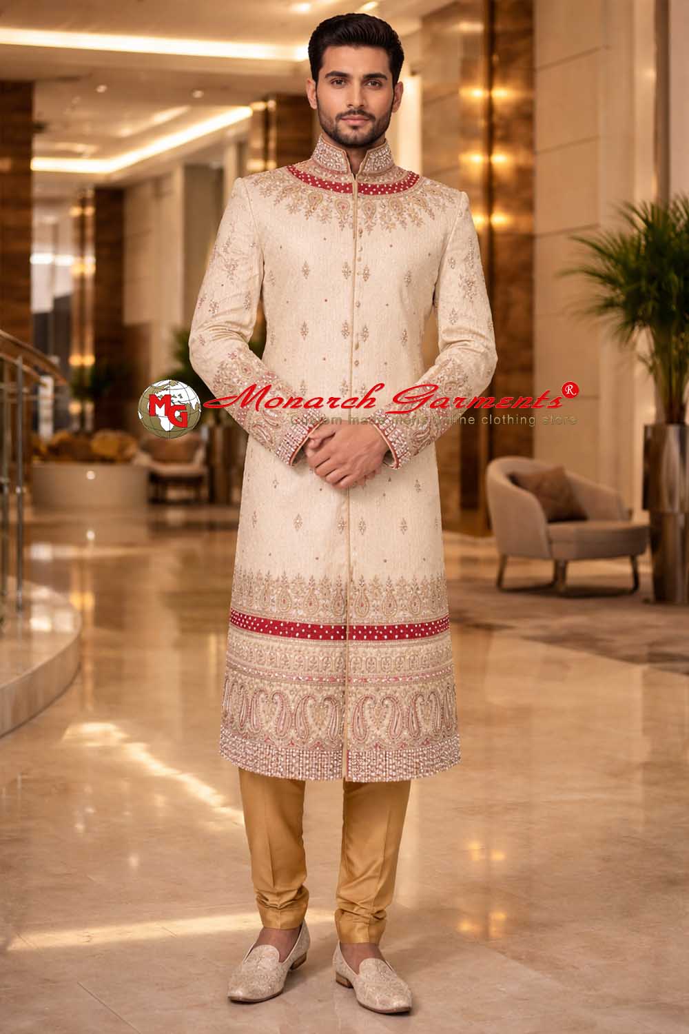 Beige brocade groom sherwani with maroon velvet embroidery for Indian wedding by Monarch Garments