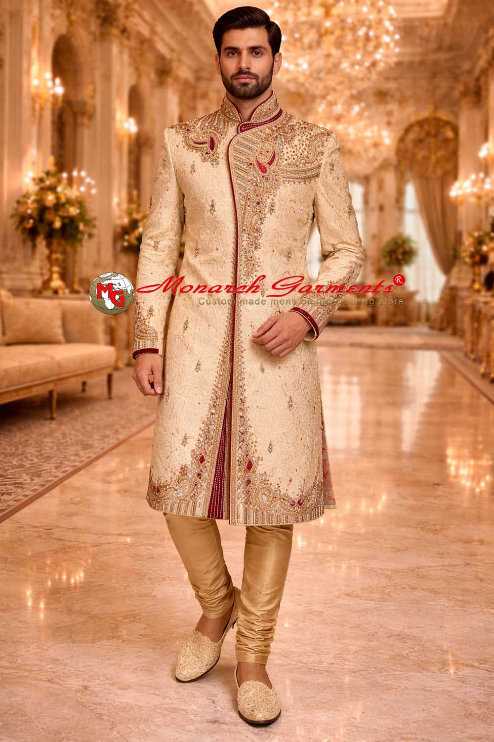 Beige brocade heavy embroidered wedding sherwani for men with diamond work and golden pajama by Monarch Garments