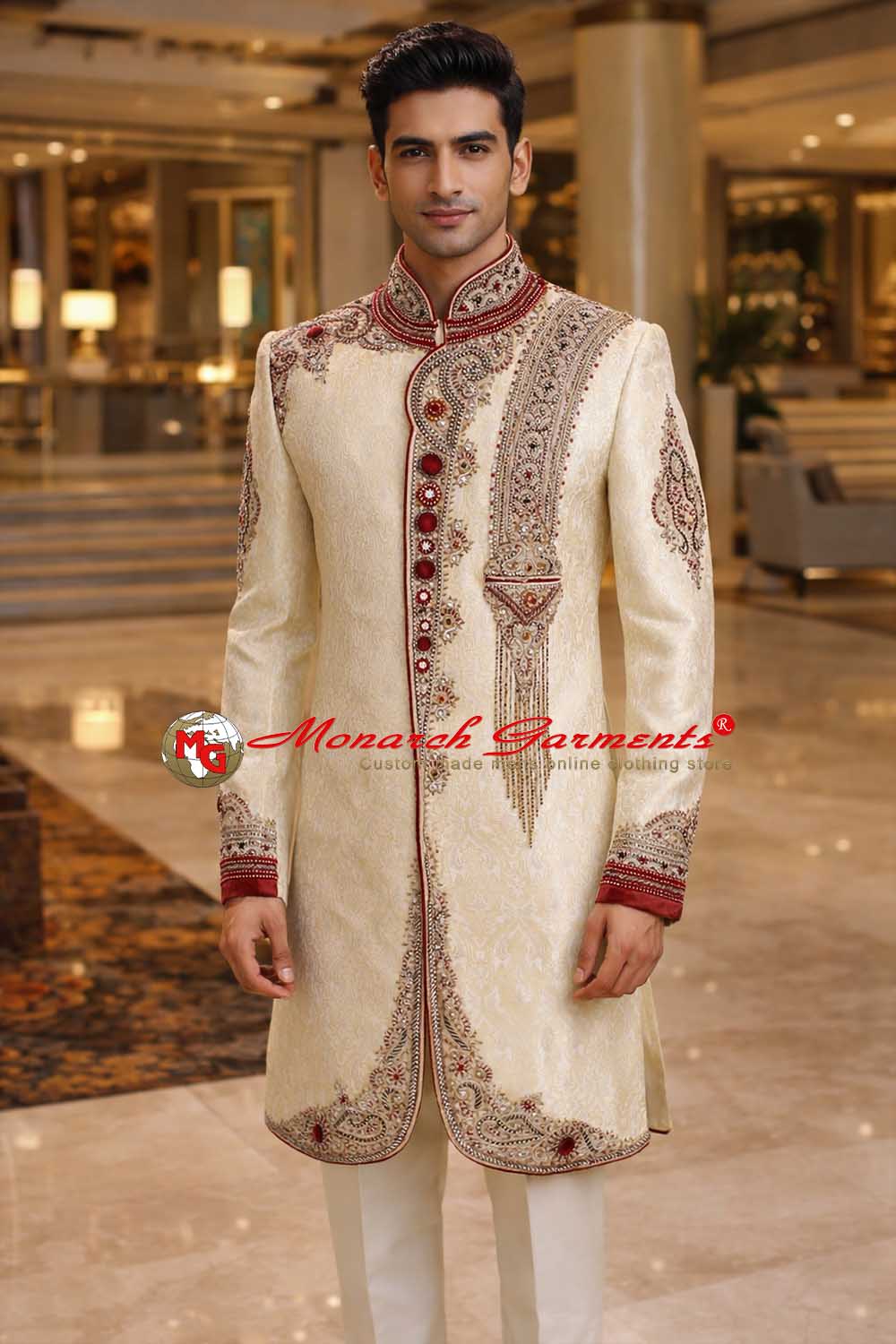 Beige brocade heavy embroidered Indo Western sherwani for men groom wedding slim fit India