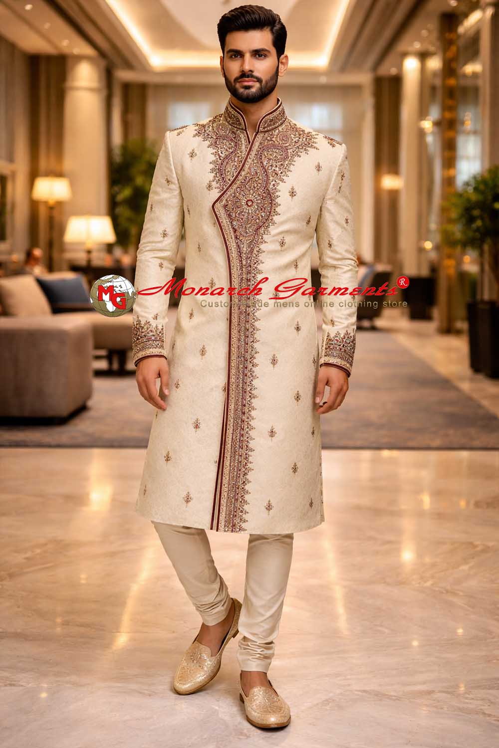 Beige brocade heavy embroidered wedding sherwani for men with breeches pyjama, scarf and brooch by Monarch Garments