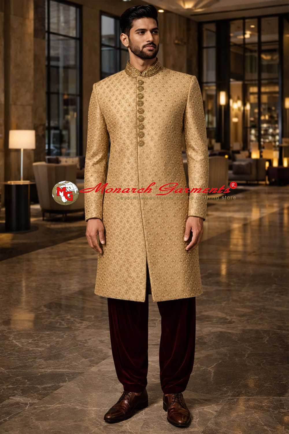 Beige brocade Indo Western suit with maroon velvet salwar for men wedding wear