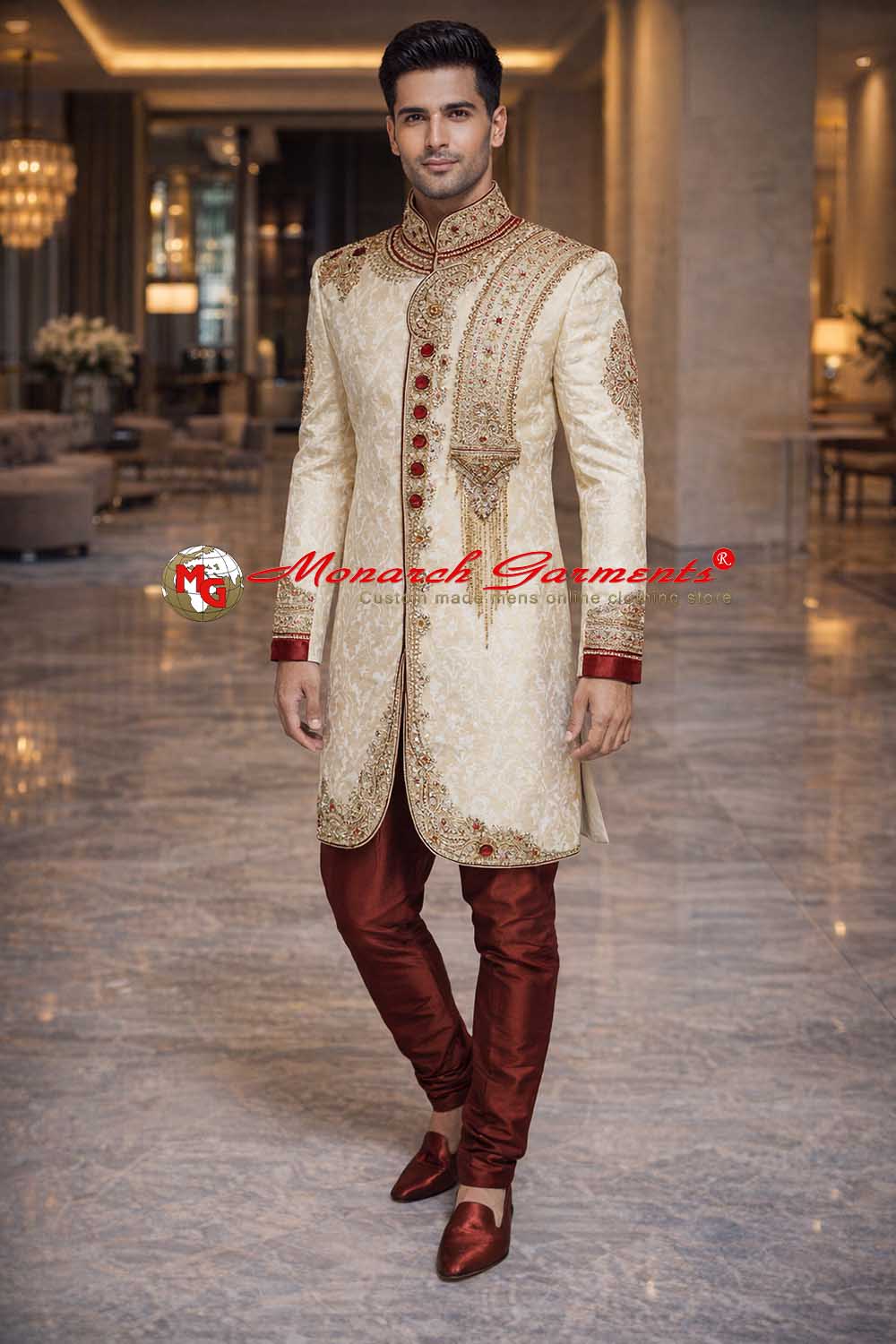 Beige Indo Western sherwani for men with maroon churidar and embroidery for groom wedding outfit