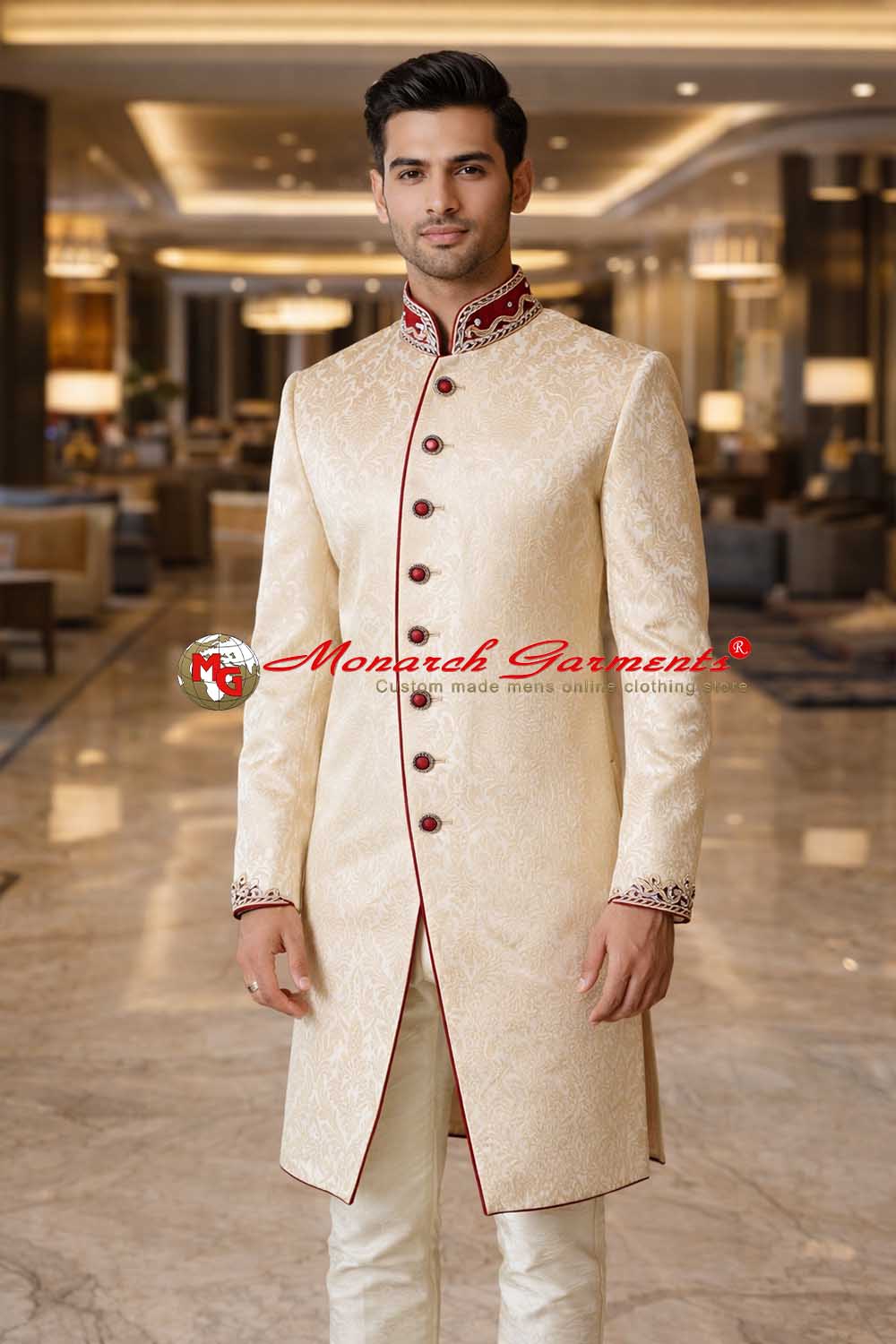 Beige Indo Western sherwani for men with maroon piping and cream pyjama
