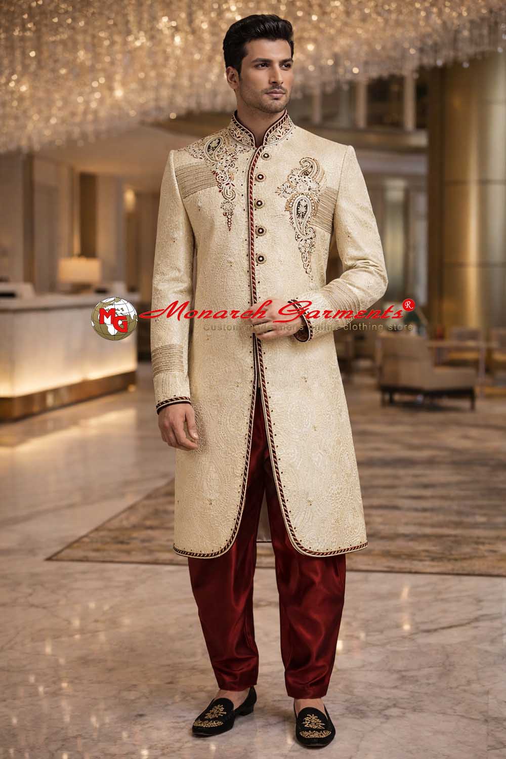 Beige brocade Indo western sherwani for men with red dhoti style wedding wear