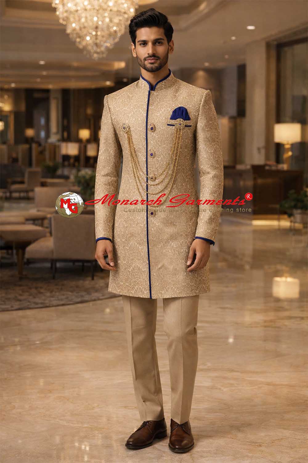 Beige brocade Indo Western suit for men with blue piping wedding wear slim fit India