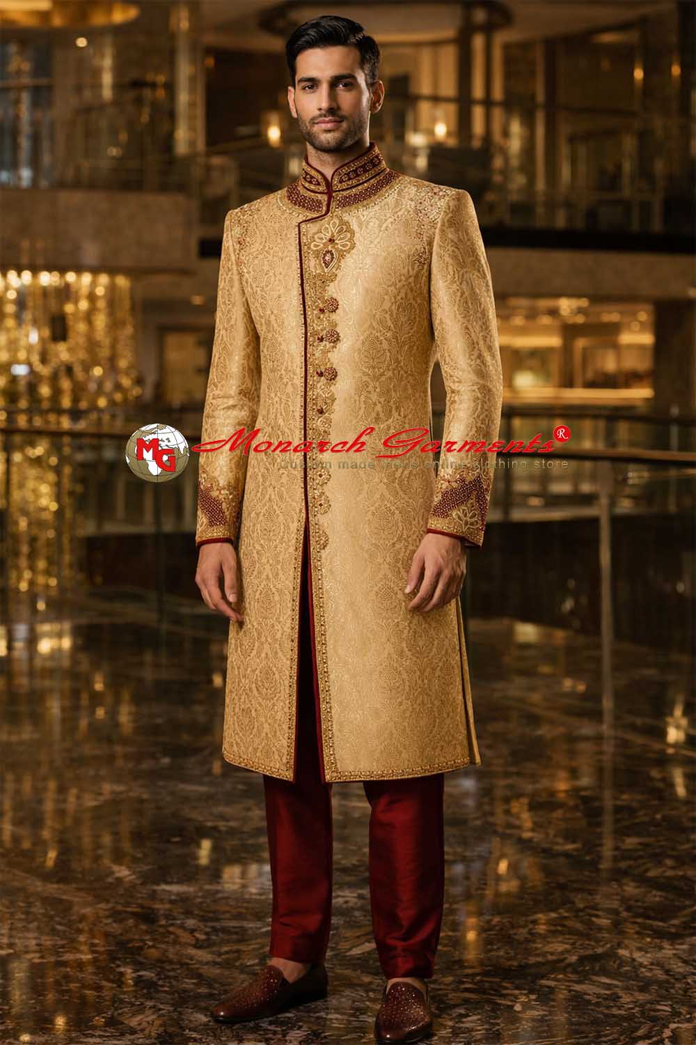 Beige brocade Indo western suit for men with concealed buttons wedding wear