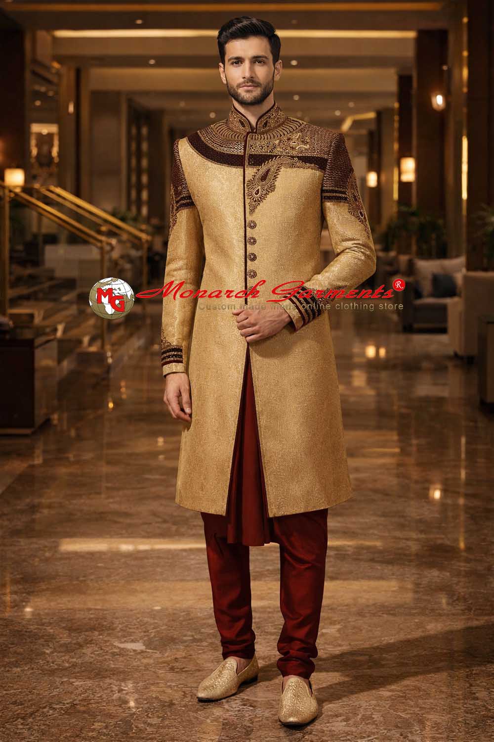 Beige brocade Indo western suit for men with heavy embroidery wedding wear
