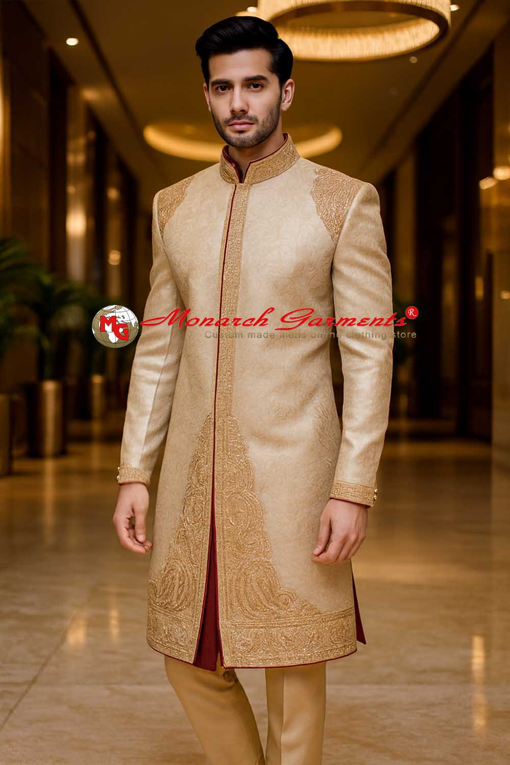 Beige brocade Indo western suit for men with red piping wedding wear