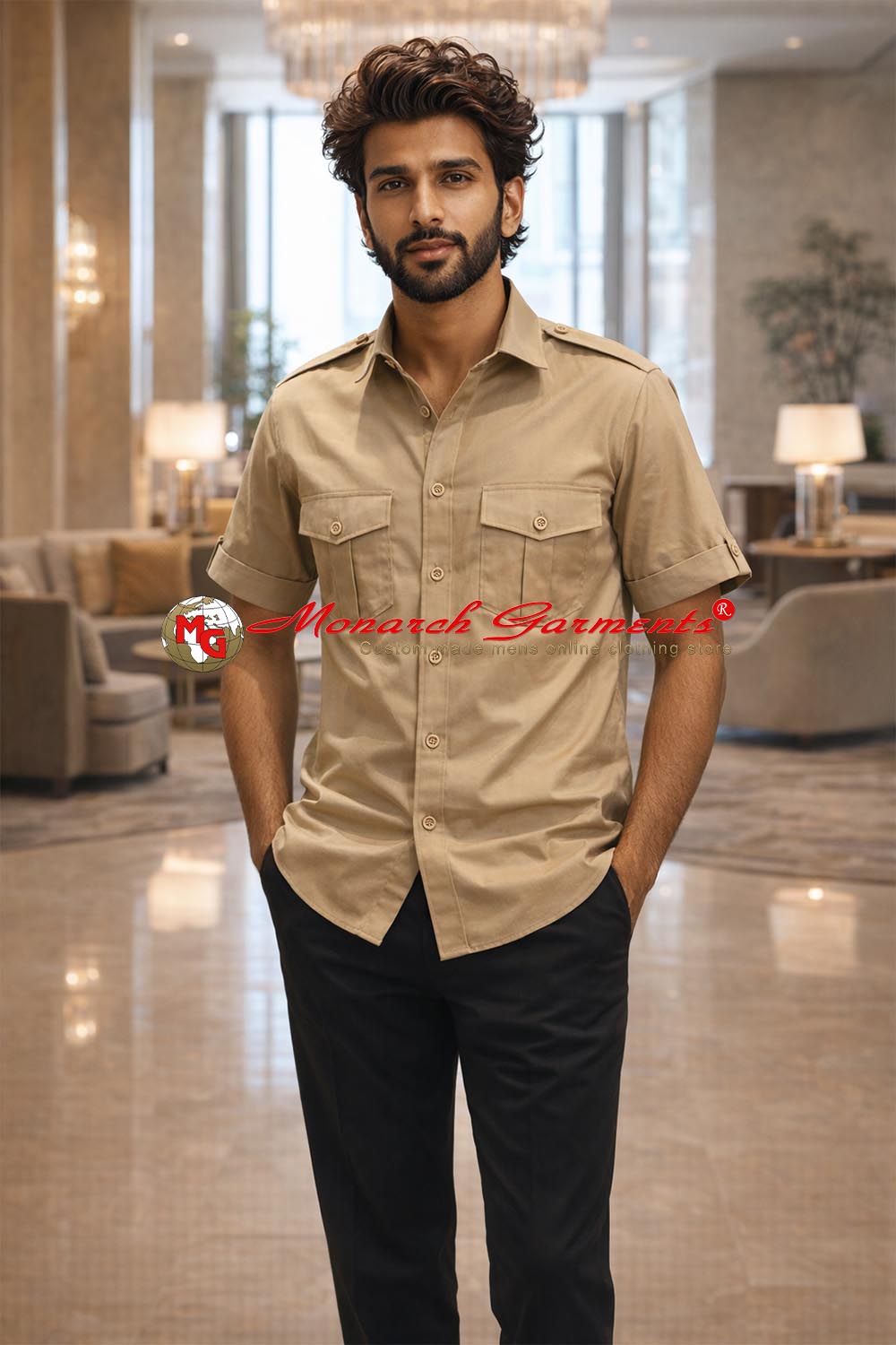 Beige cotton safari shirt for men half sleeve relaxed fit utility style