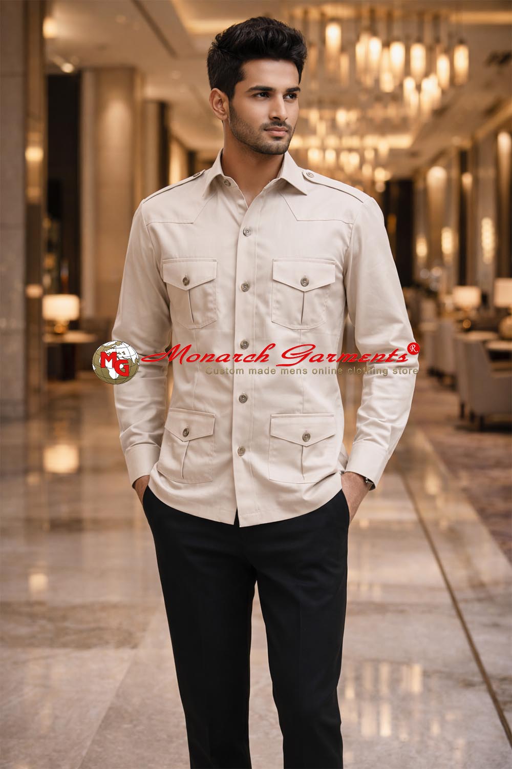 Beige cotton safari shirt for men slim fit military style multi pocket India