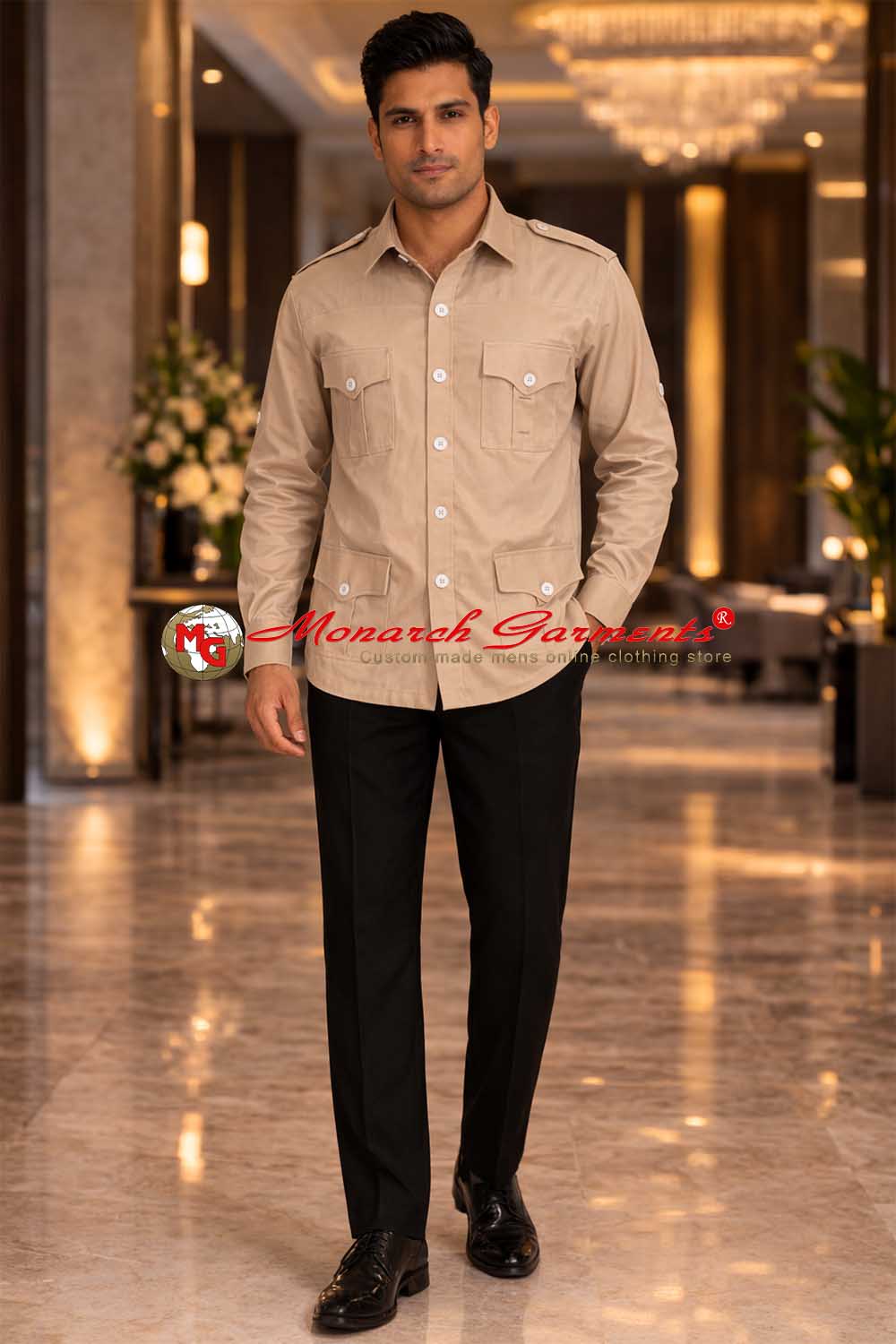 Indian male model wearing premium beige cotton safari shirt with four pockets by Monarch Garments in luxury hotel lobby photoshoot