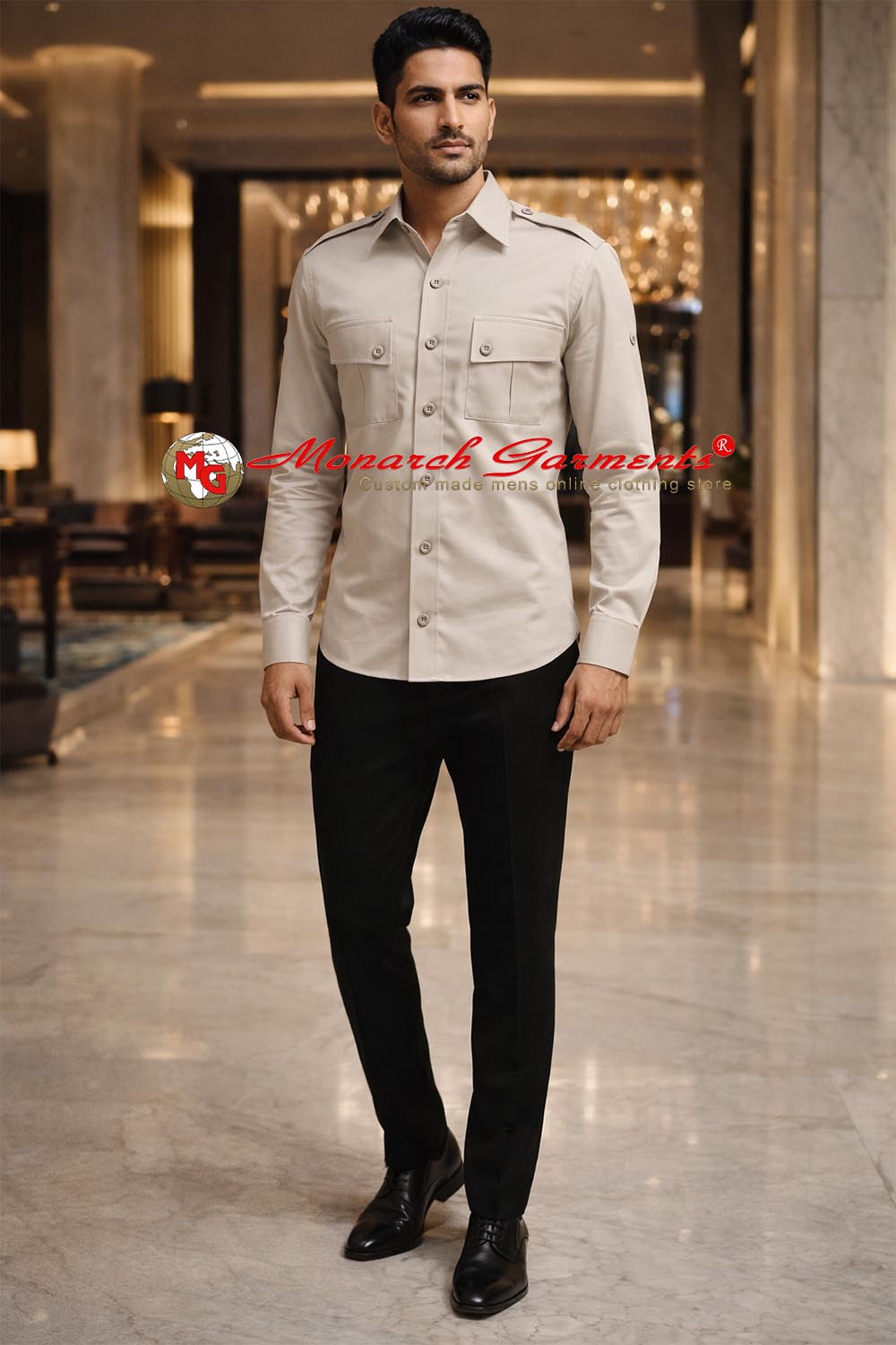 Beige cotton safari shirt for men slim fit multi pocket utility style India