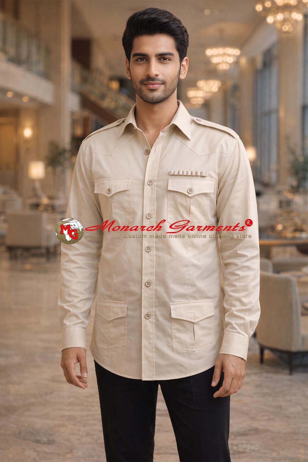 Beige cotton safari shirt for men slim fit military style multi pocket India