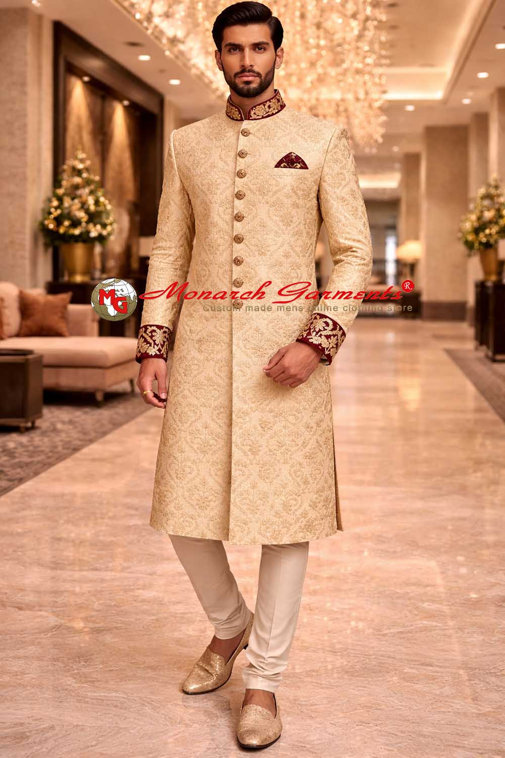 Beige dupion embroidered wedding sherwani for men with cream pajama by Monarch Garments