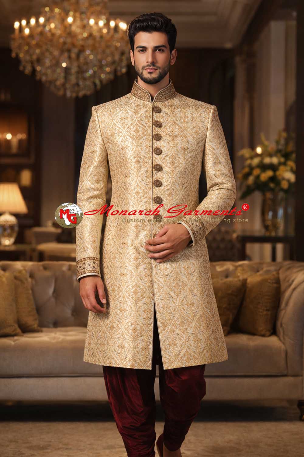 Beige dupion Indo Western suit with maroon velvet salwar for groom wedding wear