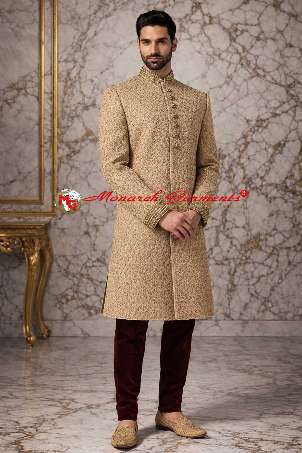 Beige dupion Indo Western suit with maroon velvet salwar for men wedding wear