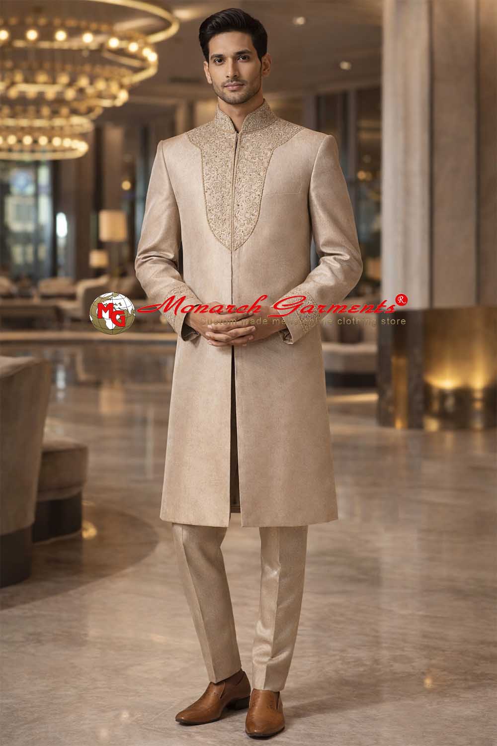 Beige dupion Indo western suit for men with Nehru collar embroidery wedding wear