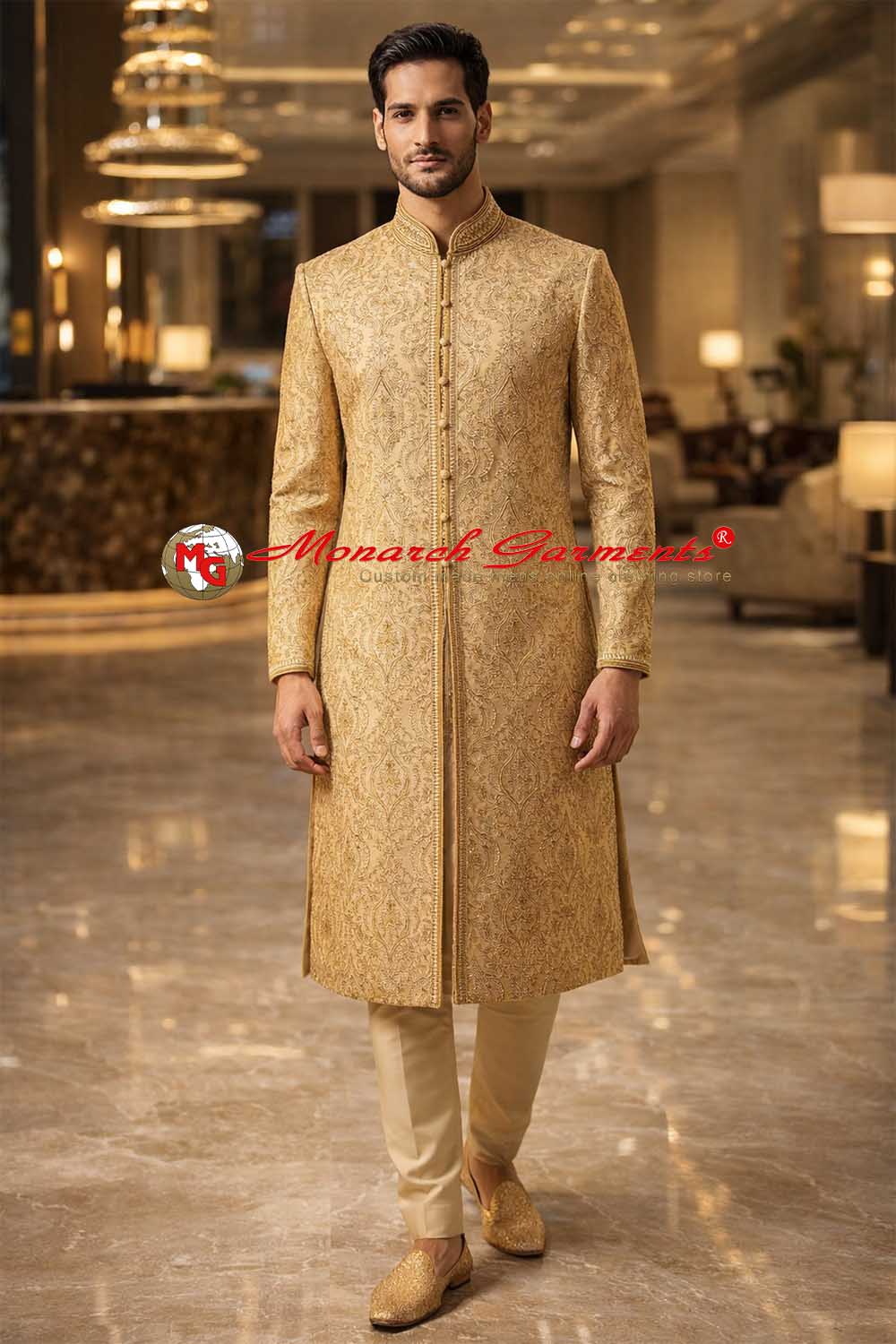 Beige dupion silk Indo Western suit for men with concealed buttons and Nehru collar for wedding wear India
