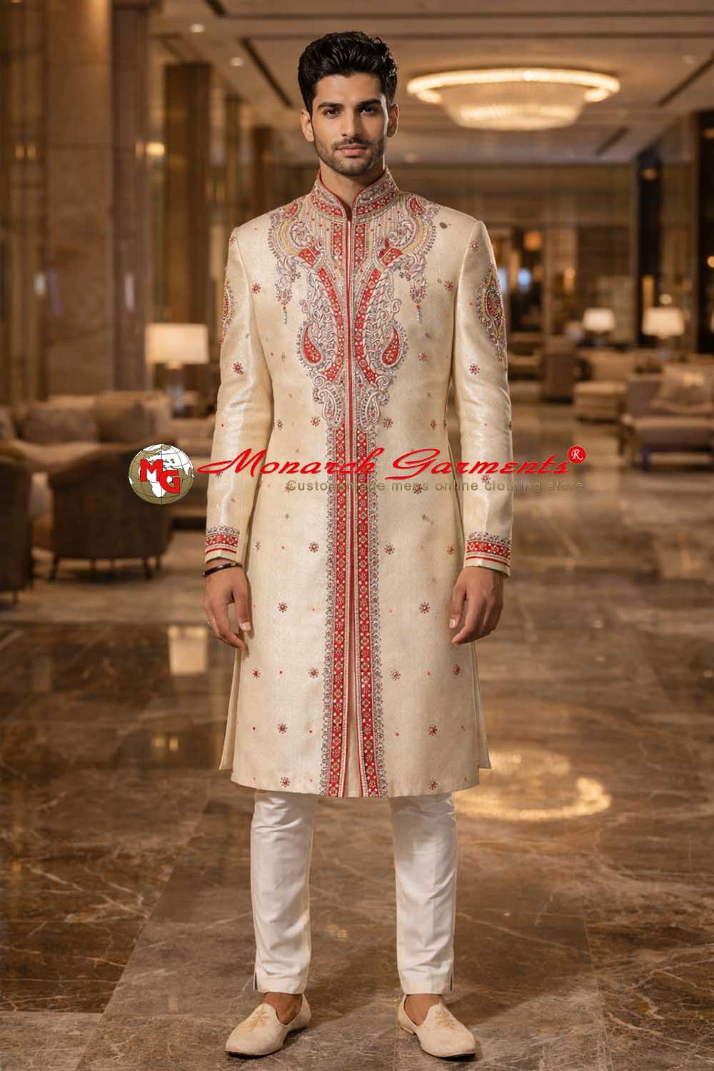 Beige embroidered sherwani for men in brocade fabric with wedding groom design India