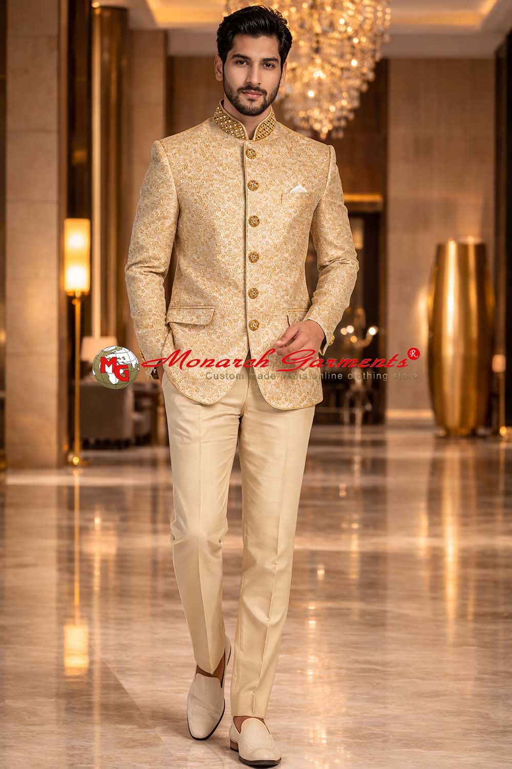 Beige printed jute polyester Jodhpuri suit for men with embroidered collar and cream trousers by Monarch Garments for Indian wedding wear