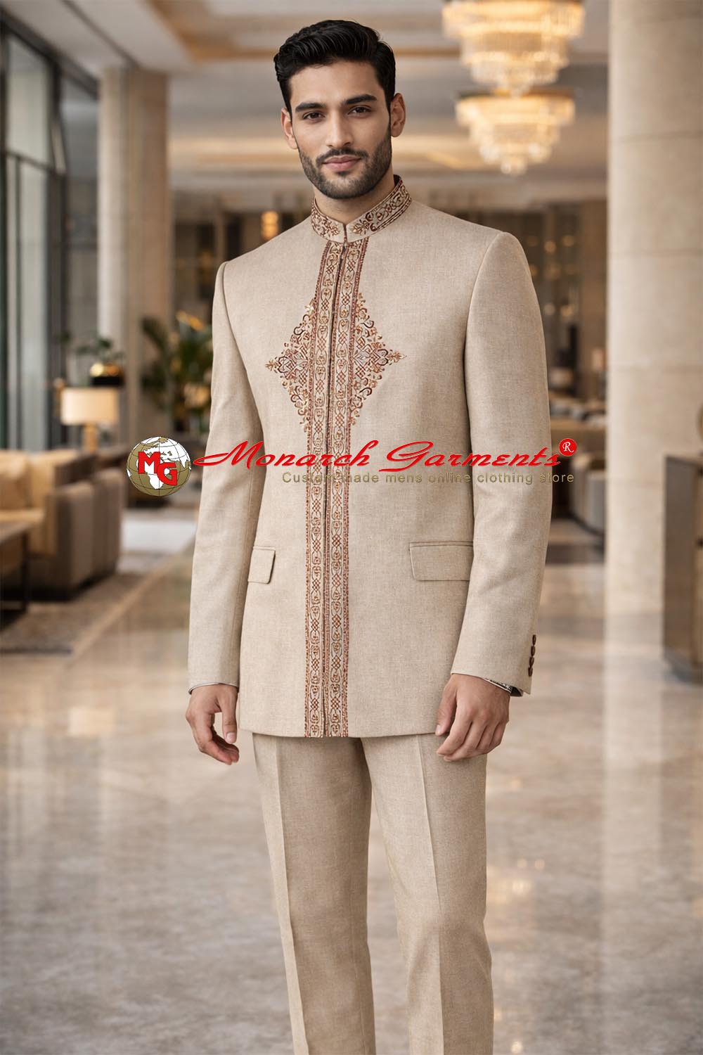 Beige embroidered designer wedding suit for men with premium fit, ideal for Indian groom and engagement or reception wear