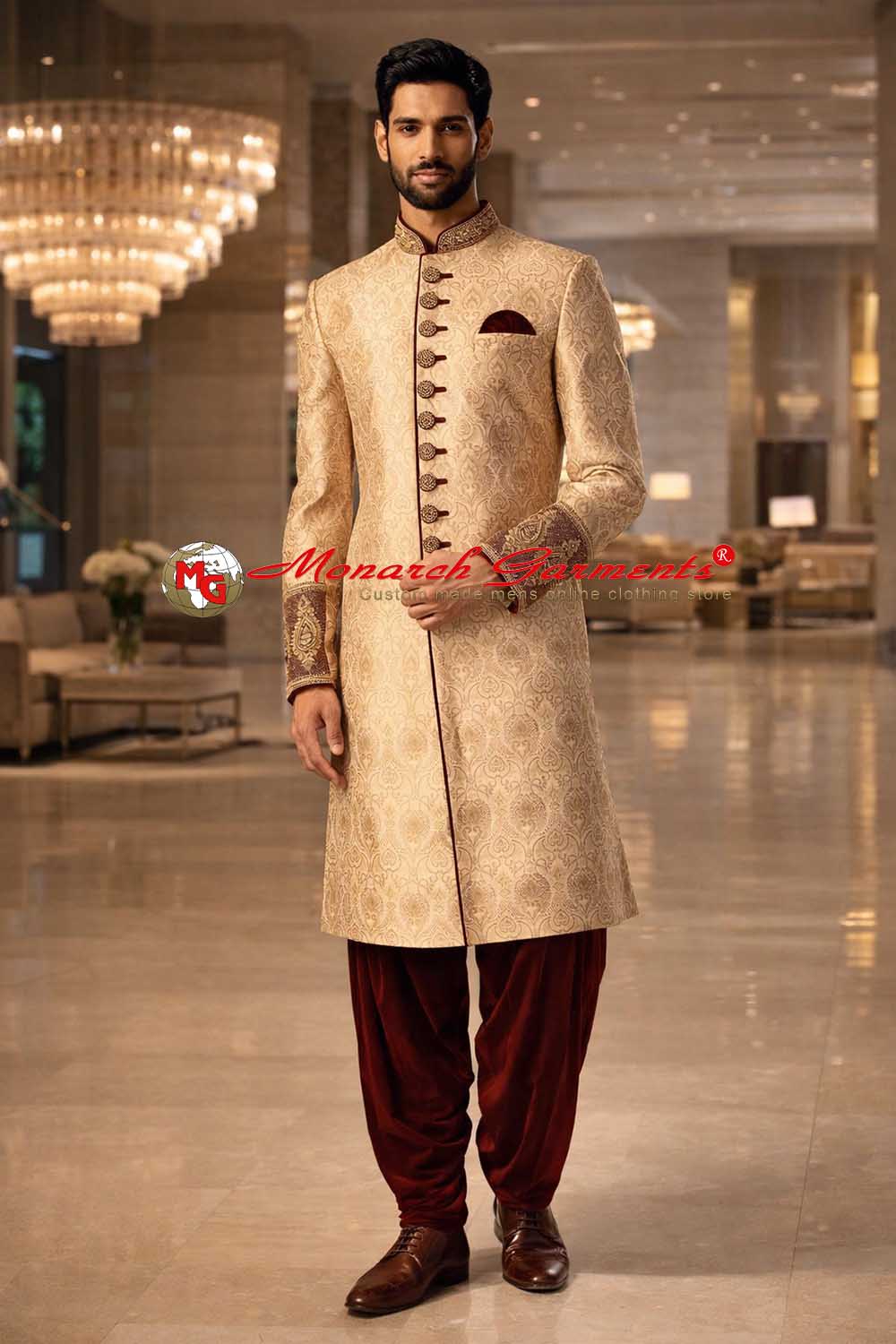 Beige embroidered Indo western sherwani for men with maroon velvet salwar wedding wear India
