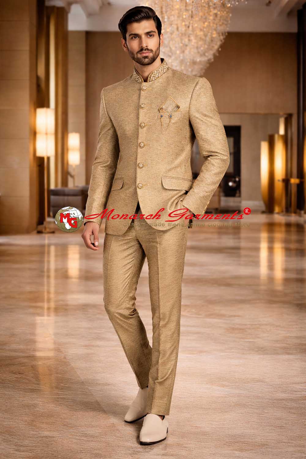 Beige embroidered Jodhpuri bandhgala suit for men with brooch and pocket square by Monarch Garments for Indian weddings and receptions