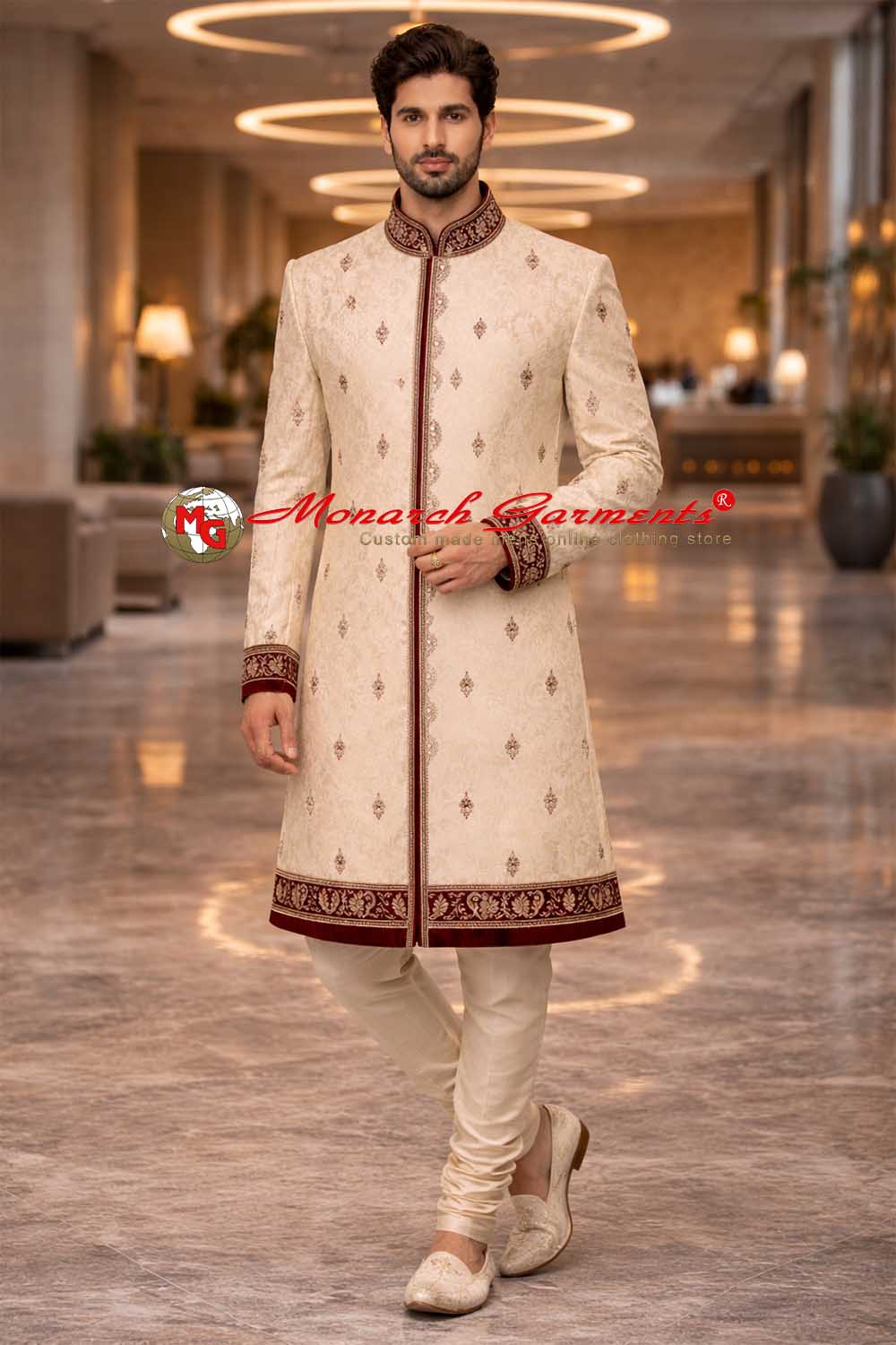 Beige embroidered wedding sherwani for men with maroon bandhgala collar and border, royal groom sherwani by Monarch Garments