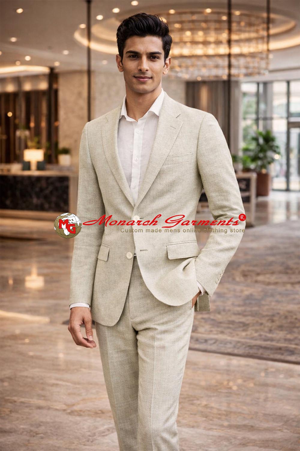 Beige green linen suit for men slim fit summer wedding wear India