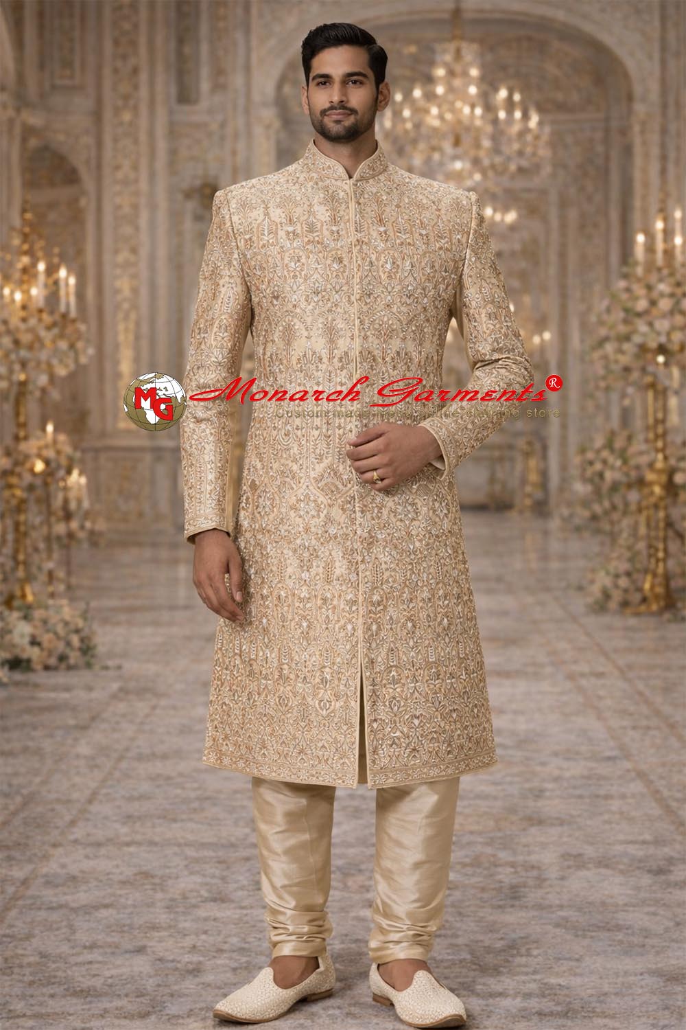 Indian groom wearing beige heavy embroidered wedding sherwani by Monarch Garments