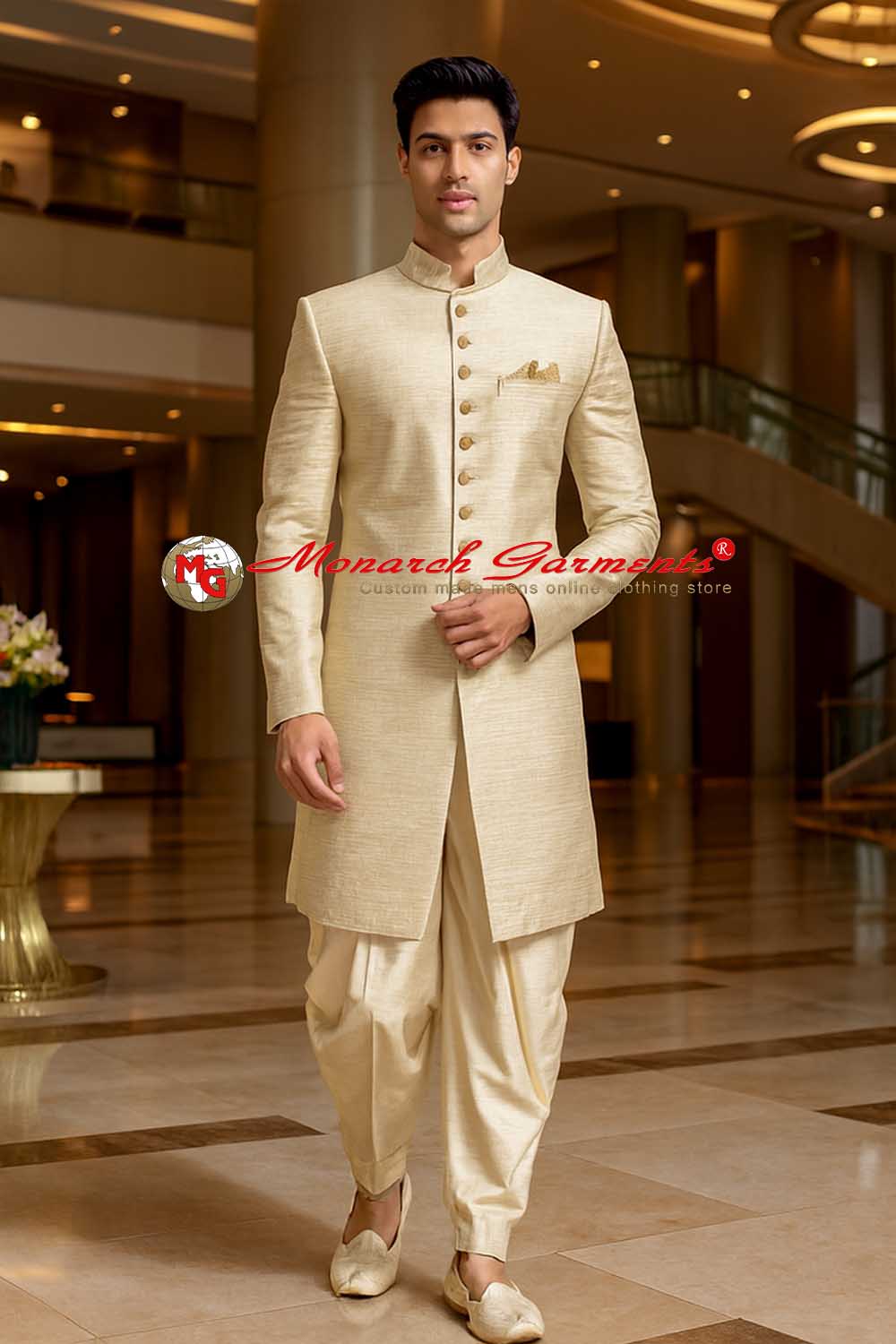 Beige Indo Western suit for men with salwar reception wear jute fabric slim fit