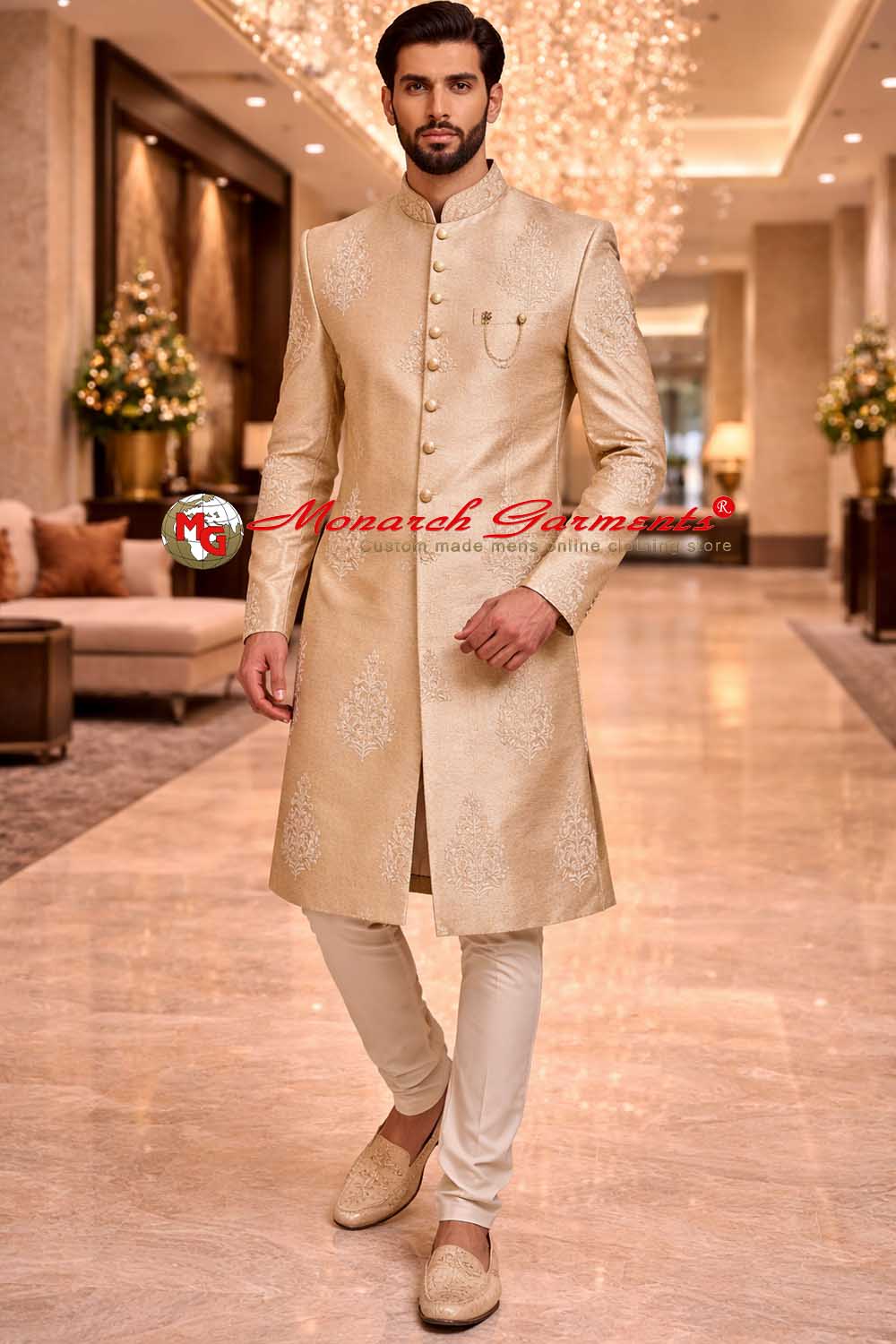 Beige indowestern groom sherwani with thread embroidery and cream pant with brooch by Monarch Garments