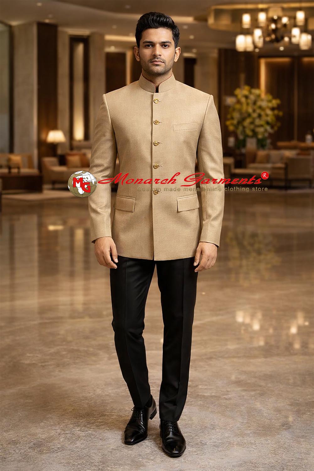 Beige Jodhpuri suit for men with black trousers bandhgala wedding outfit by Monarch Garments India