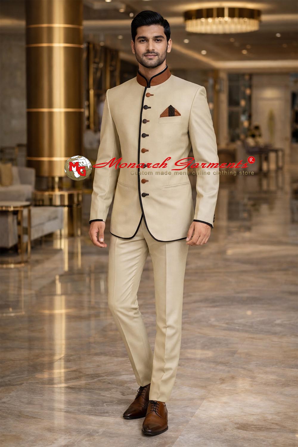 Beige Jodhpuri suit for men with brown piping and 8 button bandhgala by Monarch Garments India