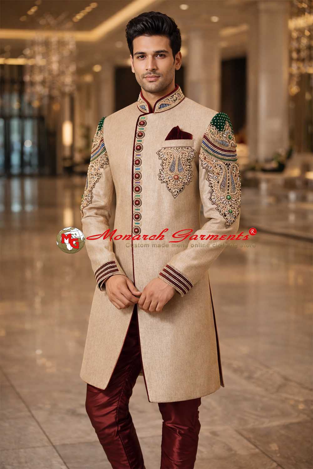 Beige jute Indo Western sherwani for men with heavy embroidery and maroon trouser for wedding wear India