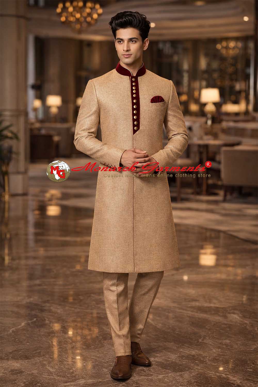 Beige indo western sherwani for men with red velvet patchwork and breeches wedding outfit India
