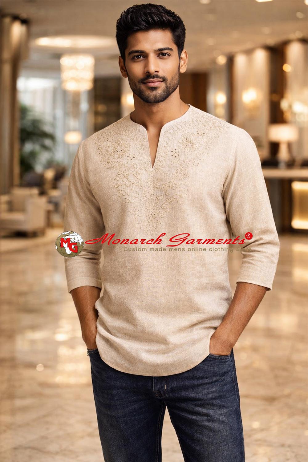 Beige linen embroidered short kurta for men V neck summer ethnic wear India